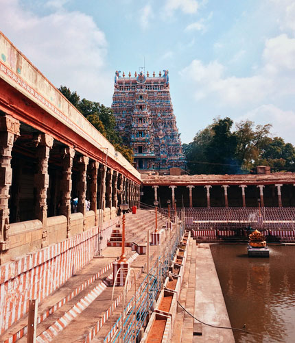 Meenakshi Amman Temple, located on the southern bank of the Vaigai River in the temple city of Madurai, 