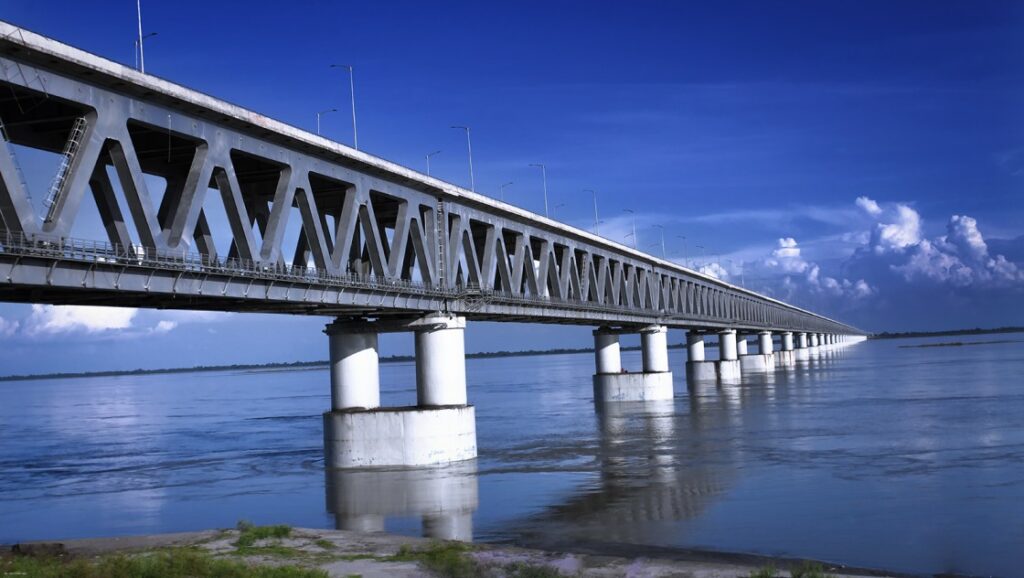 Bogibeel Bridge, the longest rail-cum-road bridge over the Brahmaputra River in Assam, India. The bridge was inaugurated by Prime Minister Narendra Modi in 2018 and has reduced the travel time between Dibrugarh and Tinsukia by several hours.
