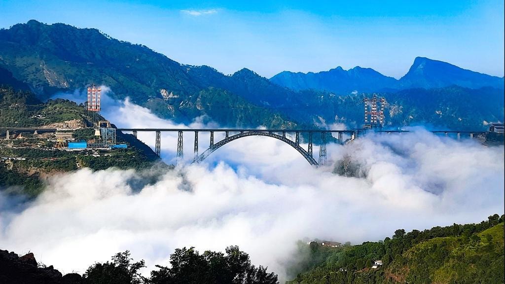 Chenab Bridge, a 3.5 km long arch bridge over the Chenab River in Jammu and Kashmir, India. The bridge is the highest railway bridge in the world and is a marvel of engineering.